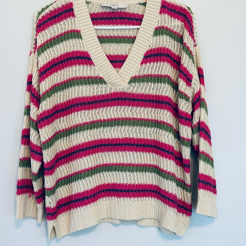 LOFT V-Neck Sweater with Cream, Pink, and Green Stripes